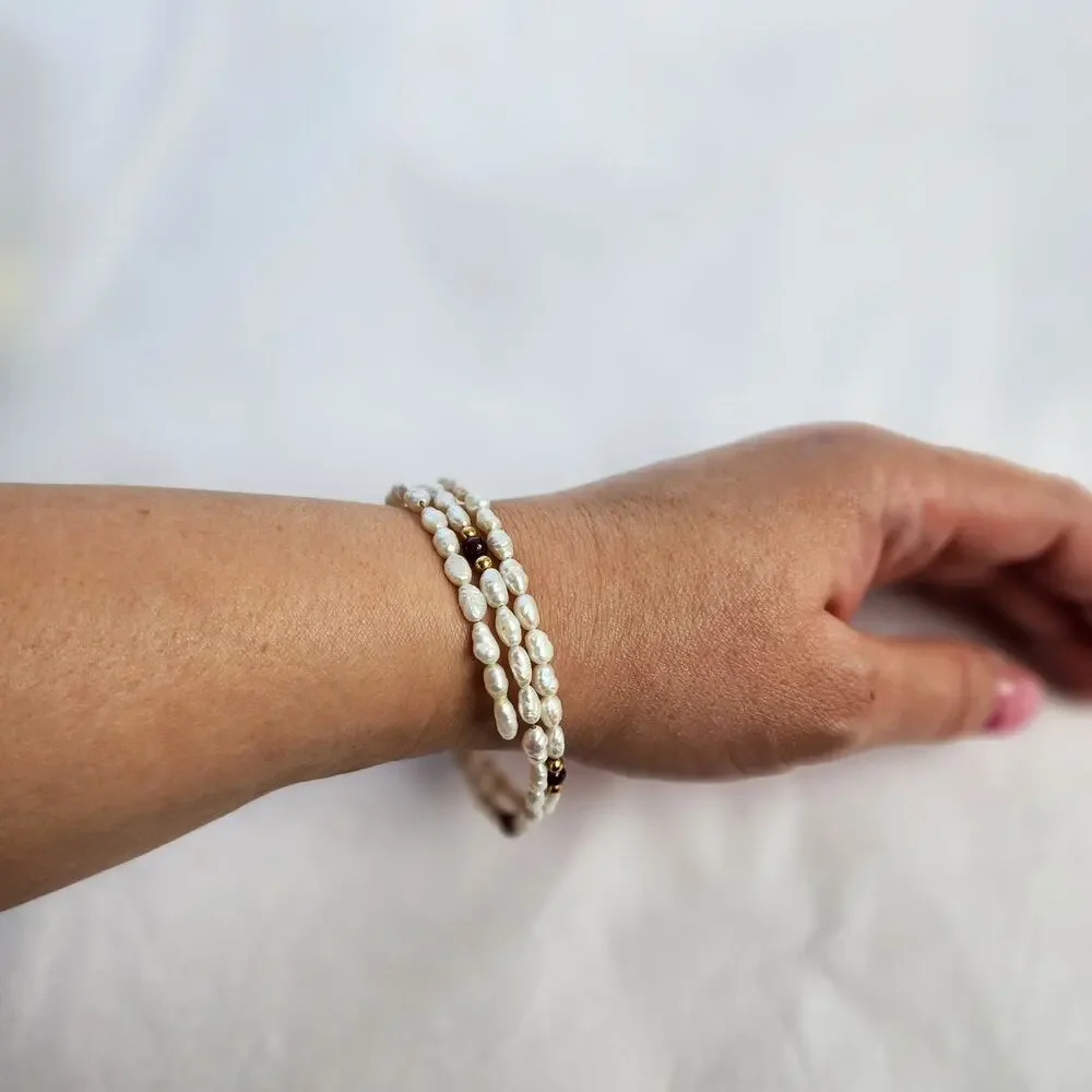 Wrap around bracelet genuine‎ rice pearls white  Onyx gold beaded boho artisan